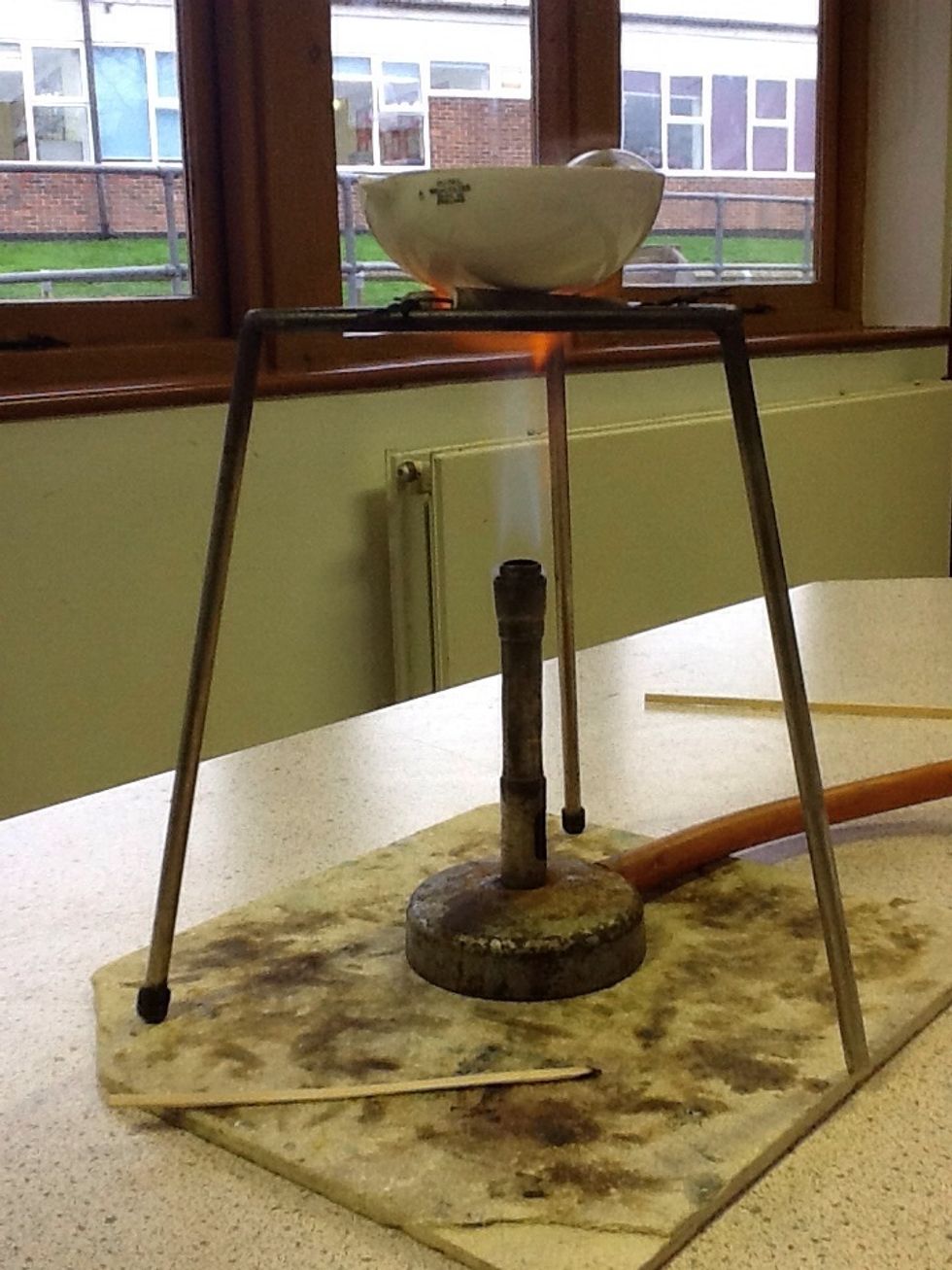 Light your Bentsen burner with a safety flame on, light your splint with a match and hold it just above your Bunsen burner!