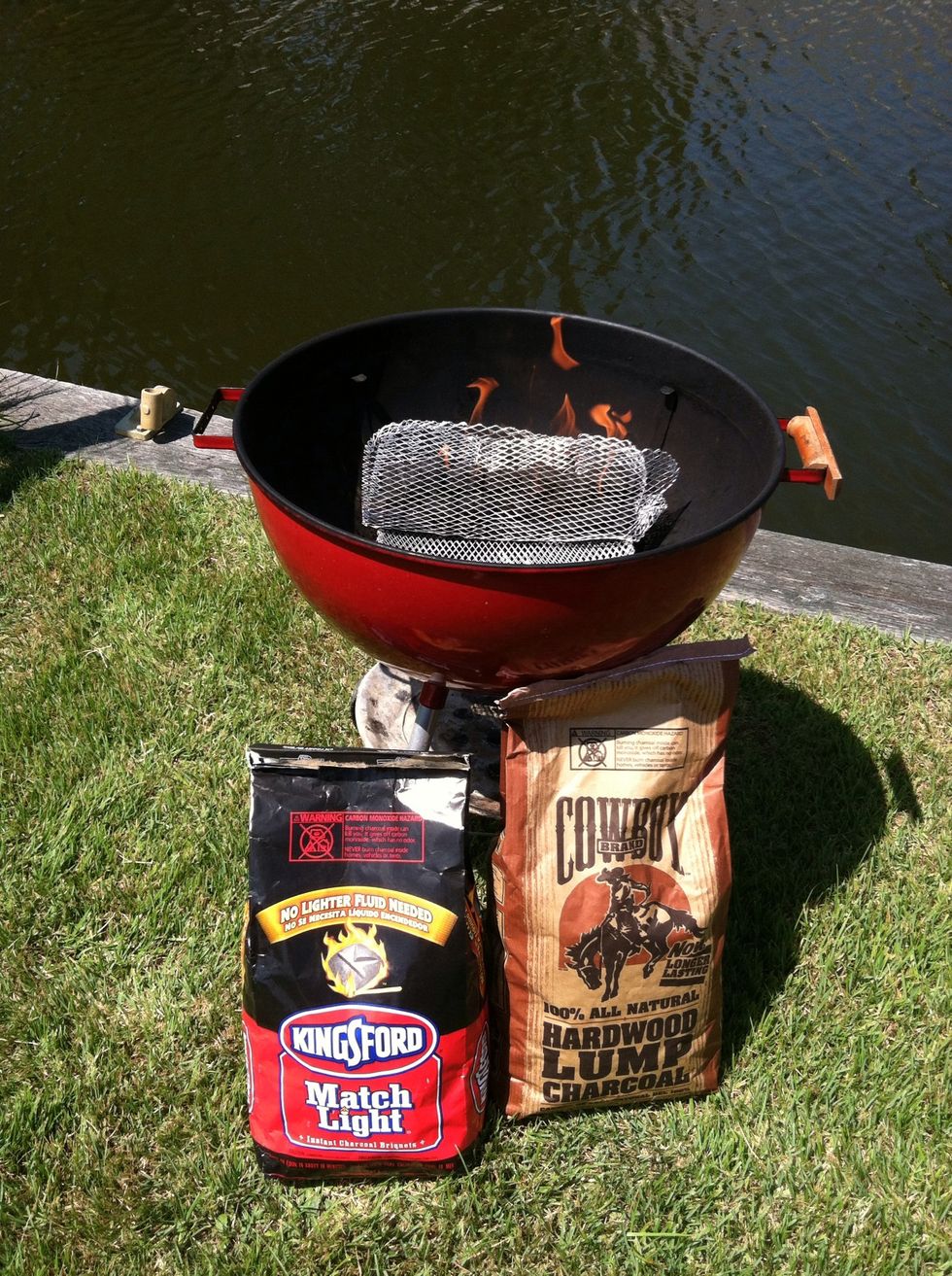 Light your charcoal using the instructions on the bag.  I start with match light for convenience and allow it to burn for 20 min to remove any chemical taste.  Then, add the hardwood lump for smoking.