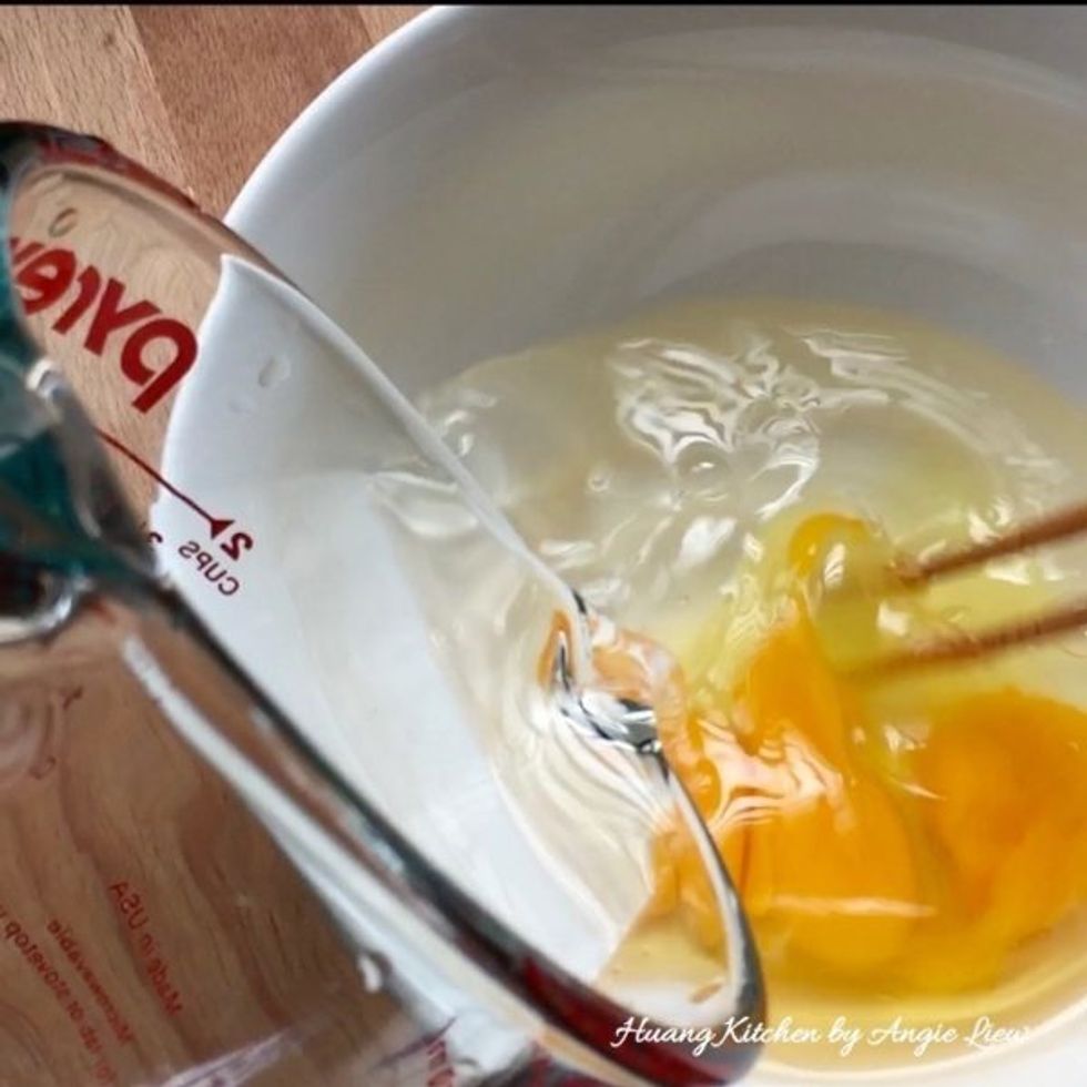 Lightly beat eggs and then slowly add in warm water.
