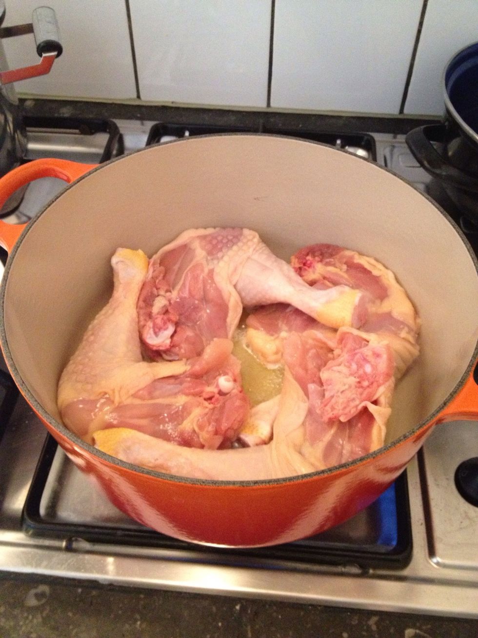Lightly braise the chicken legs in olive oil or butter on medium heat