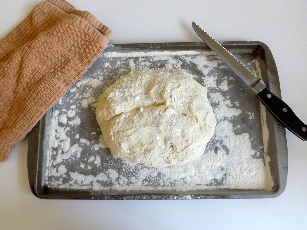 Lightly flour a baking sheet and carefully place the dough in the center. Score the top and sprinkle a bit of flour on the dough. Cover and let rest for about an hour.