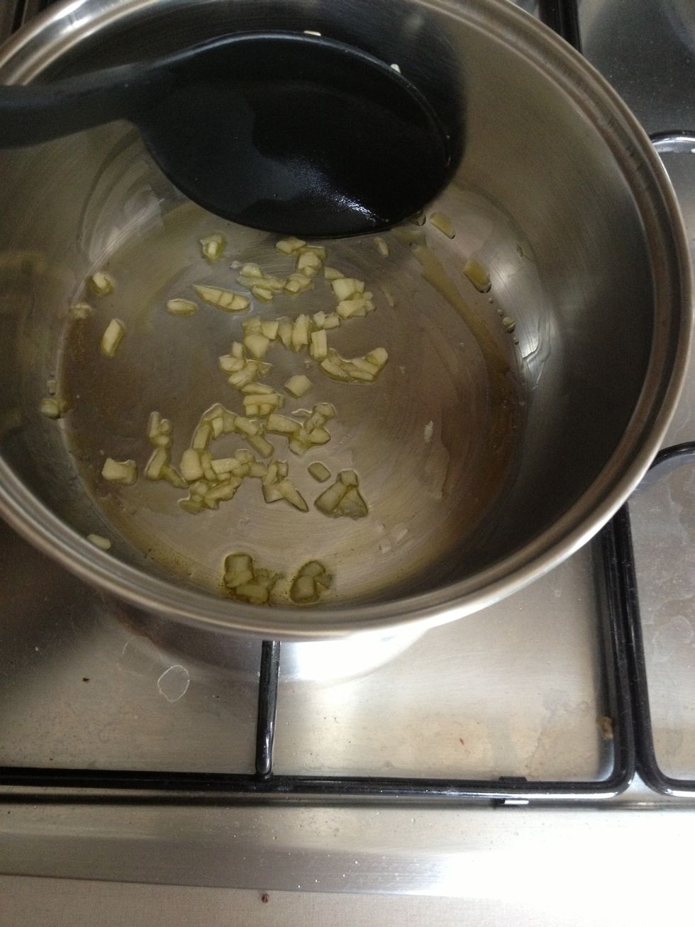 Lightly fry. Just before the garlic browns.