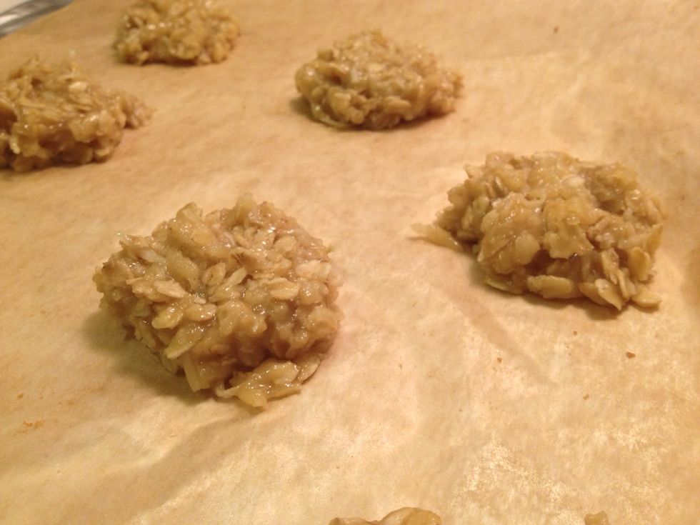 Lightly grease two baking trays or use baking paper. Place tablespoons of mixture onto the trays leaving room for spreading. Bake in the oven for 20 minutes or until golden brown at 150 C / 300 F.