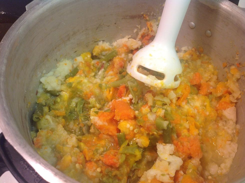 Lightly mash all the boiled vegetables. Don't squish them too much, you should be able to feel the veggies.
