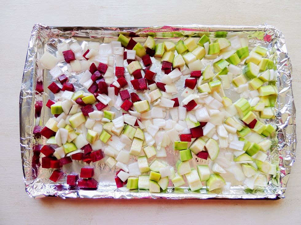 Lightly salt them. Add to preheated oven at 350 degrees for about 30 minutes. Less if you like crispy veggies more if you like tender. Check them around 20 minutes for a density taste test.