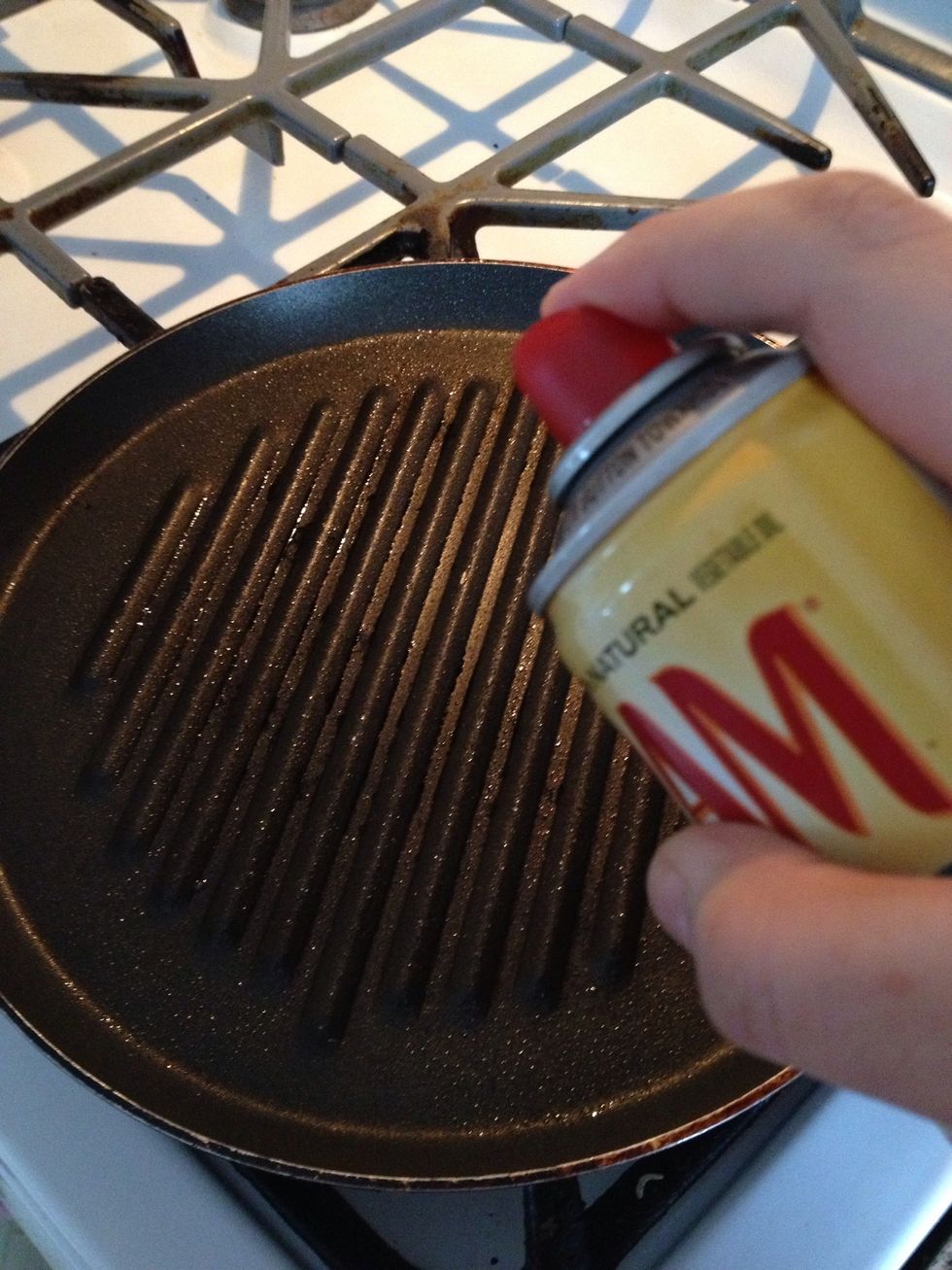 Lightly spray a skillet with ridges. (This is good for "grilling" in the winter. But if its a nice day, go ahead and grill outside to get grill marks.