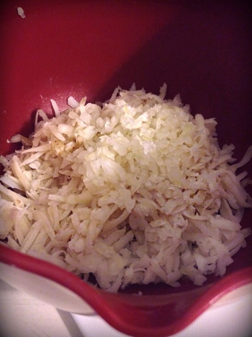 Like so, now you can also use a food processor to grate your potatoes but it's all up to your preference :P chop up the onion SUPER fine and add to the hash brown mixture.