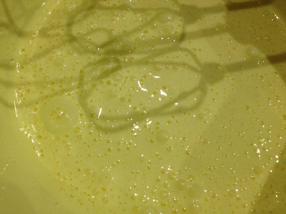 Like this! My eggs are very yellow, so the mixture is just light yellow instead of white. But the foaming is there!