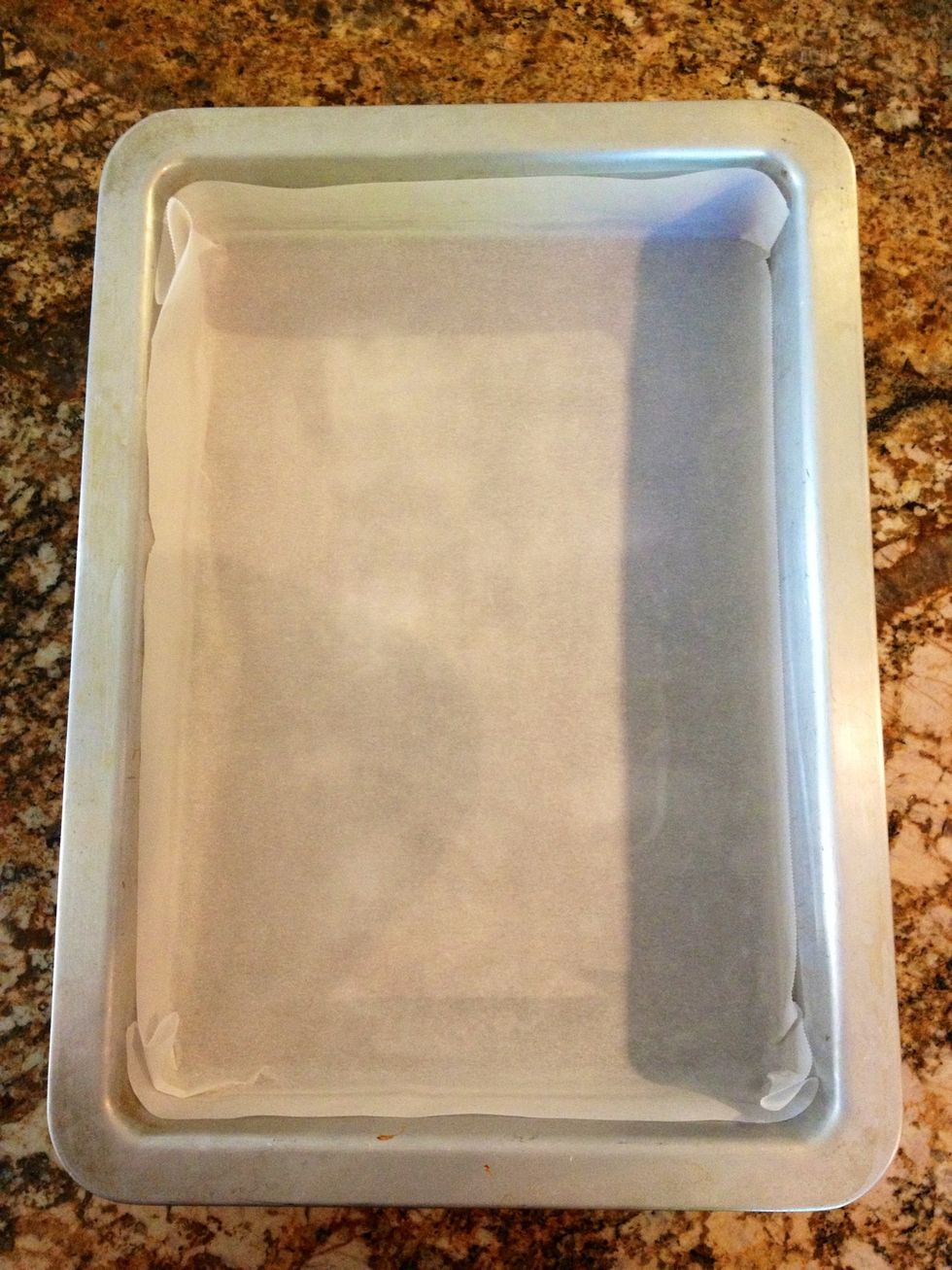 Line a 9x13 pan with parchment paper.