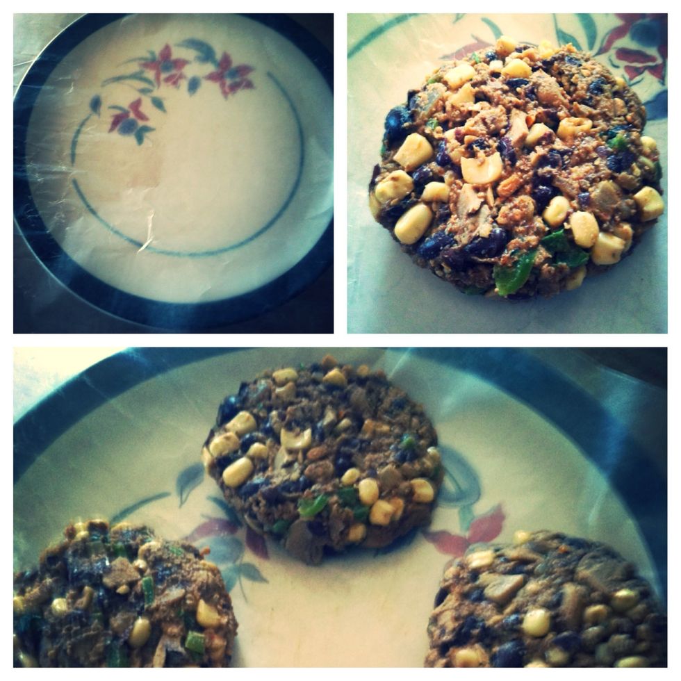 Line a plate with wax paper to set your patties on. If you have more than four patties put another layer of wax paper on top of them and then stack all the extras on top!