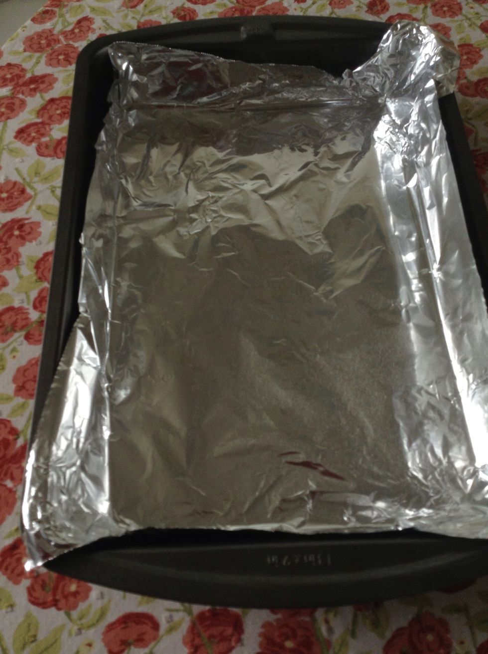 Line a roasting or baking pan with foil. This is for easier clean up later.