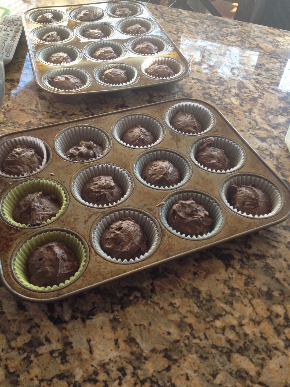 Line and spray with non stick spray, muffin cups. Then scoop a spoonful in each. Yield about 26