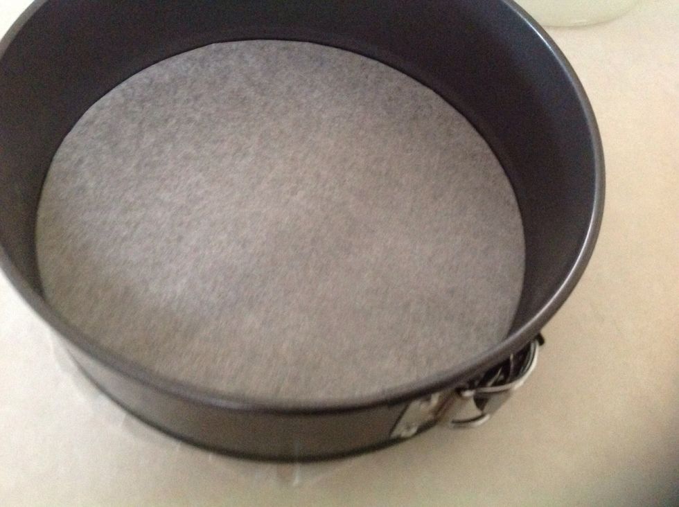 Line cake tin with grease proof paper or spray