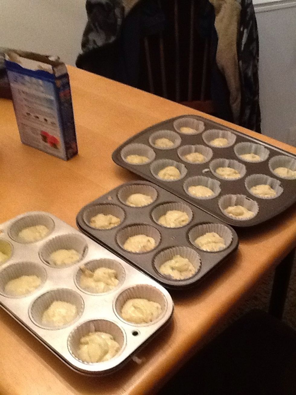 Line cupcake pan with baking cups and fill 2/3 full.