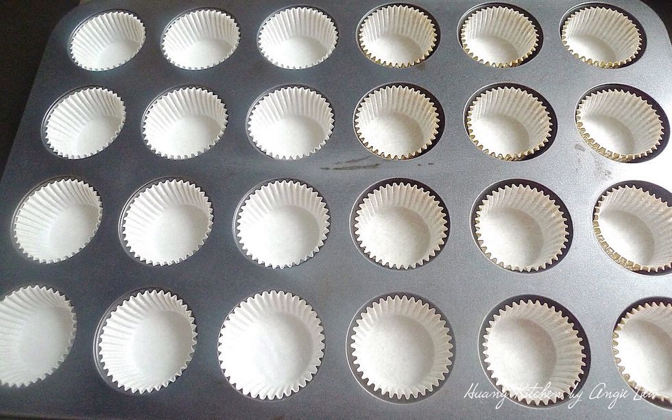 Line muffin pan with muffin liners and set aside. This recipe makes 45 small size muffins or 16 regular size muffins.