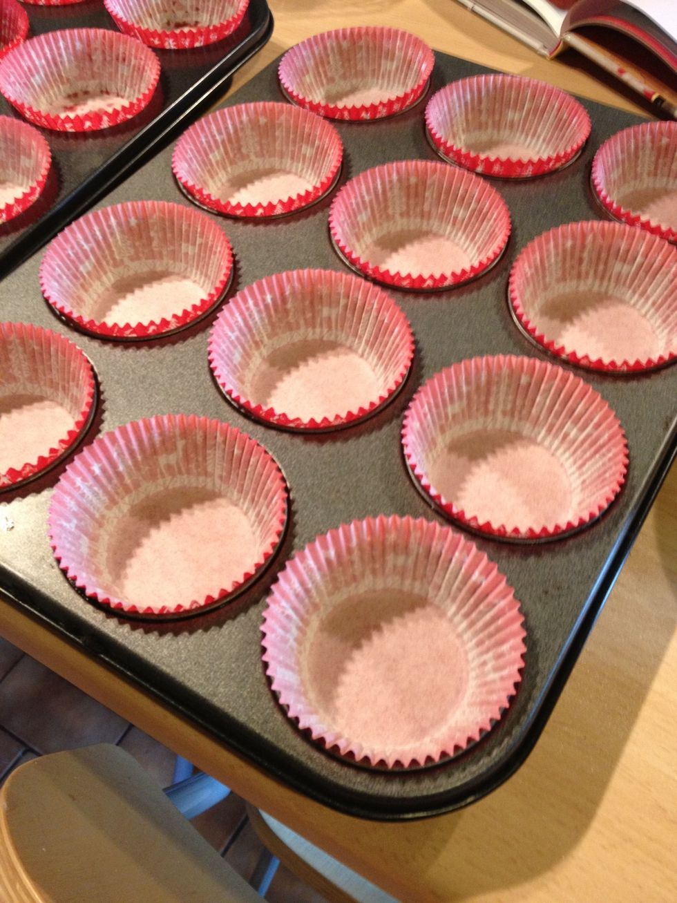 Line muffin tins, recipe will make a lot of small cupcakes and about 16 larges ones.