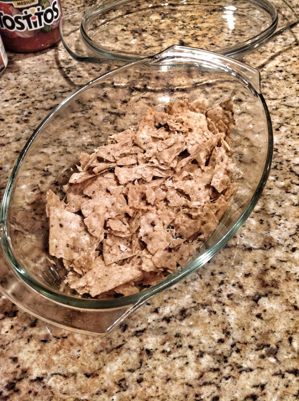 Line the bottom of your casserole dish with chunky crushed tortilla chips. I opted for wheat ones!