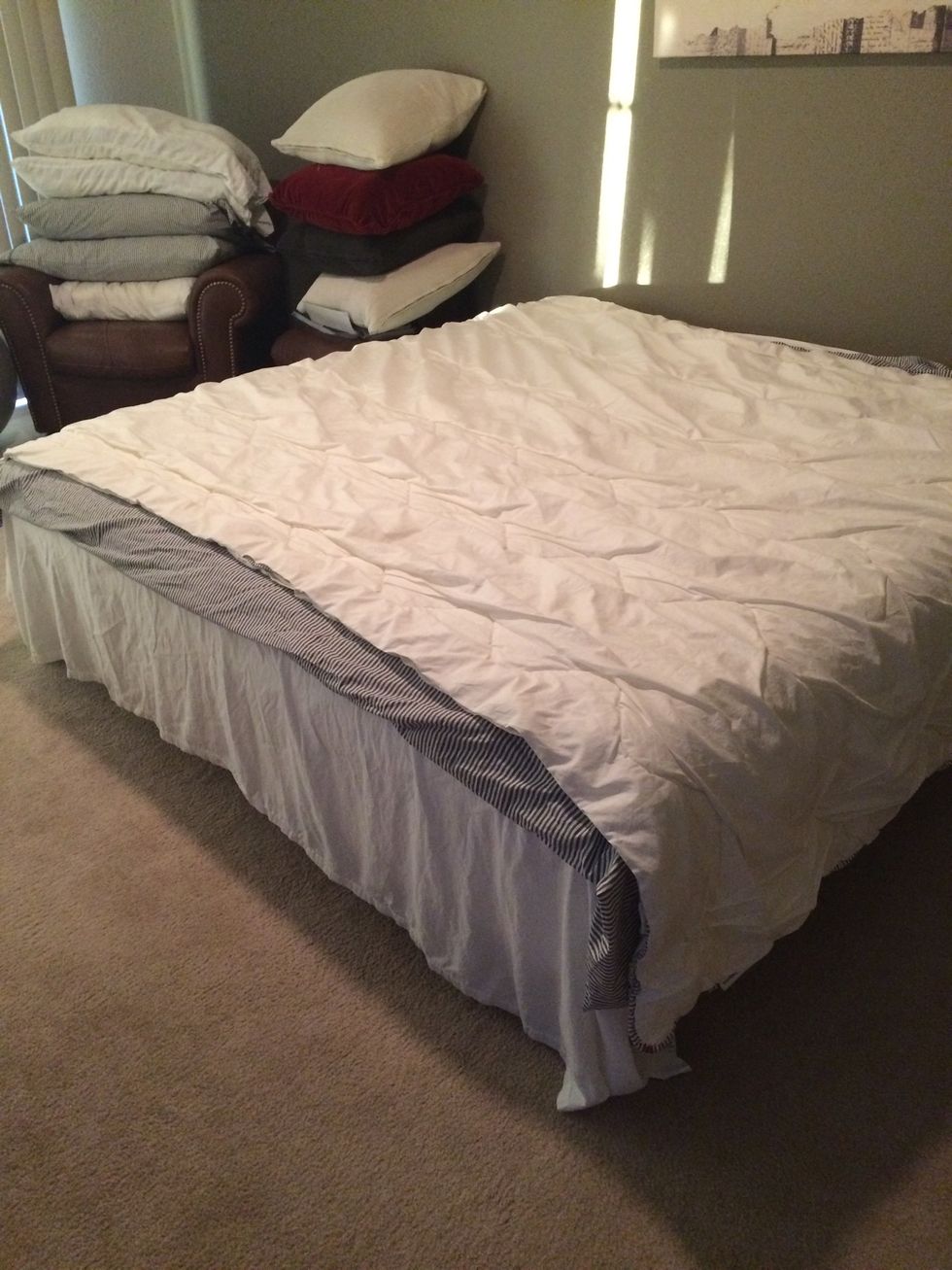 Line the duvet up with the cover, putting the right ends/corners together. ( I put markings on the bottom right and left corners so I always know, since this is a king and a little harder to tell)