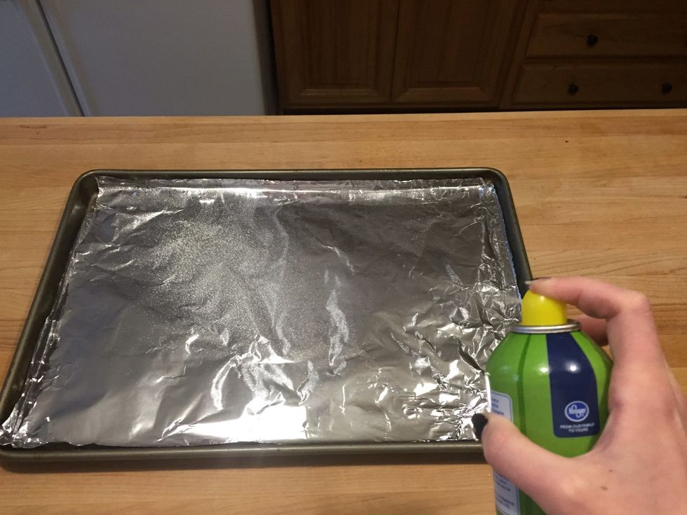 Line the flat baking pan with aluminum foil and spray with non-stick cooking spray.