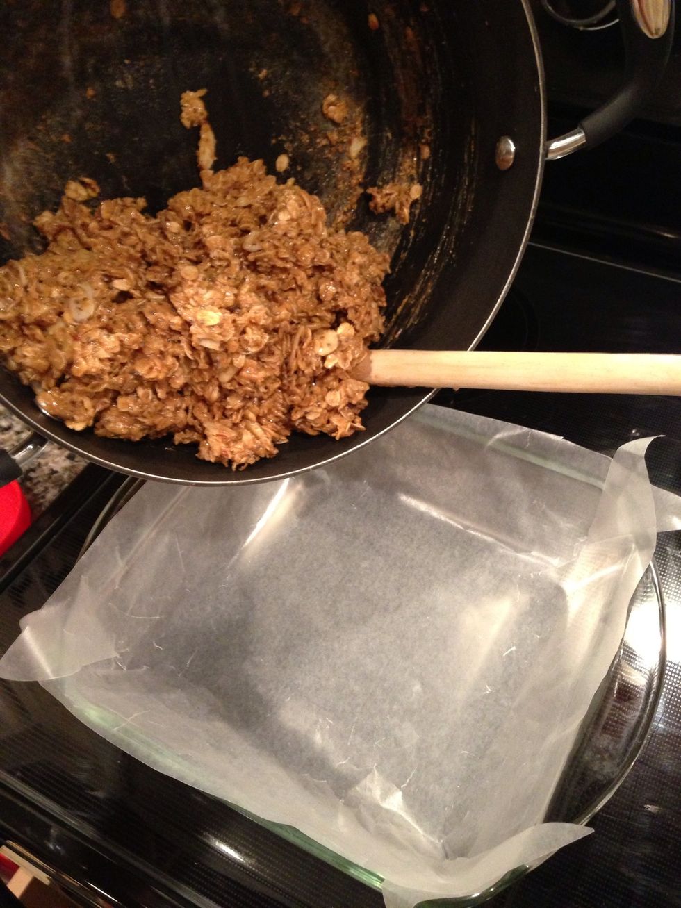 Line the pan and dump the glorious mix in.