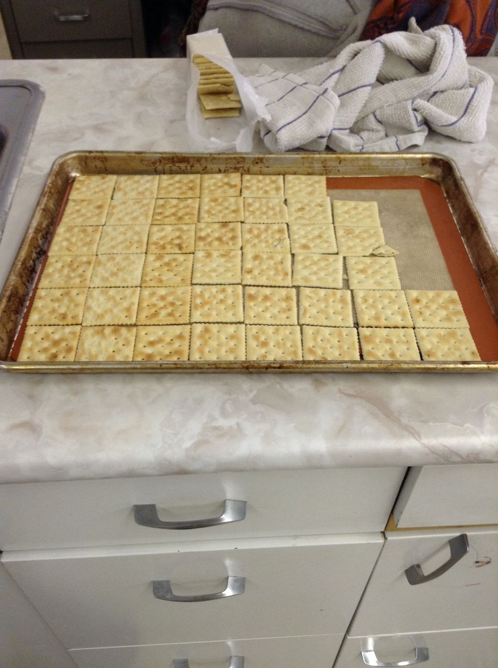Line the pan with saltine crackers.