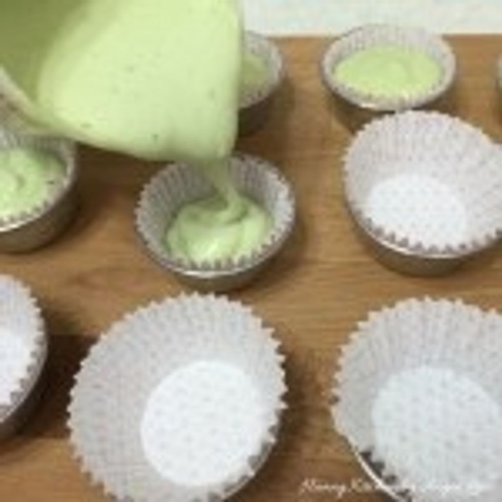 Line the prepared cups with paper liners. Pour batter into the cups until 90% full.