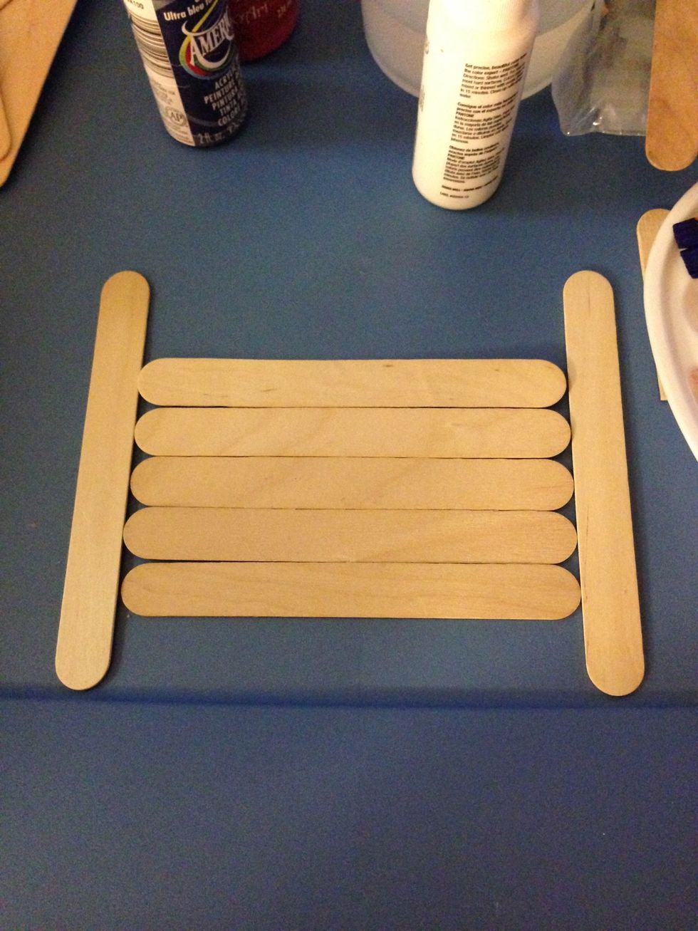 Line up 5 sticks. I make sure mine are flush by using 2 others