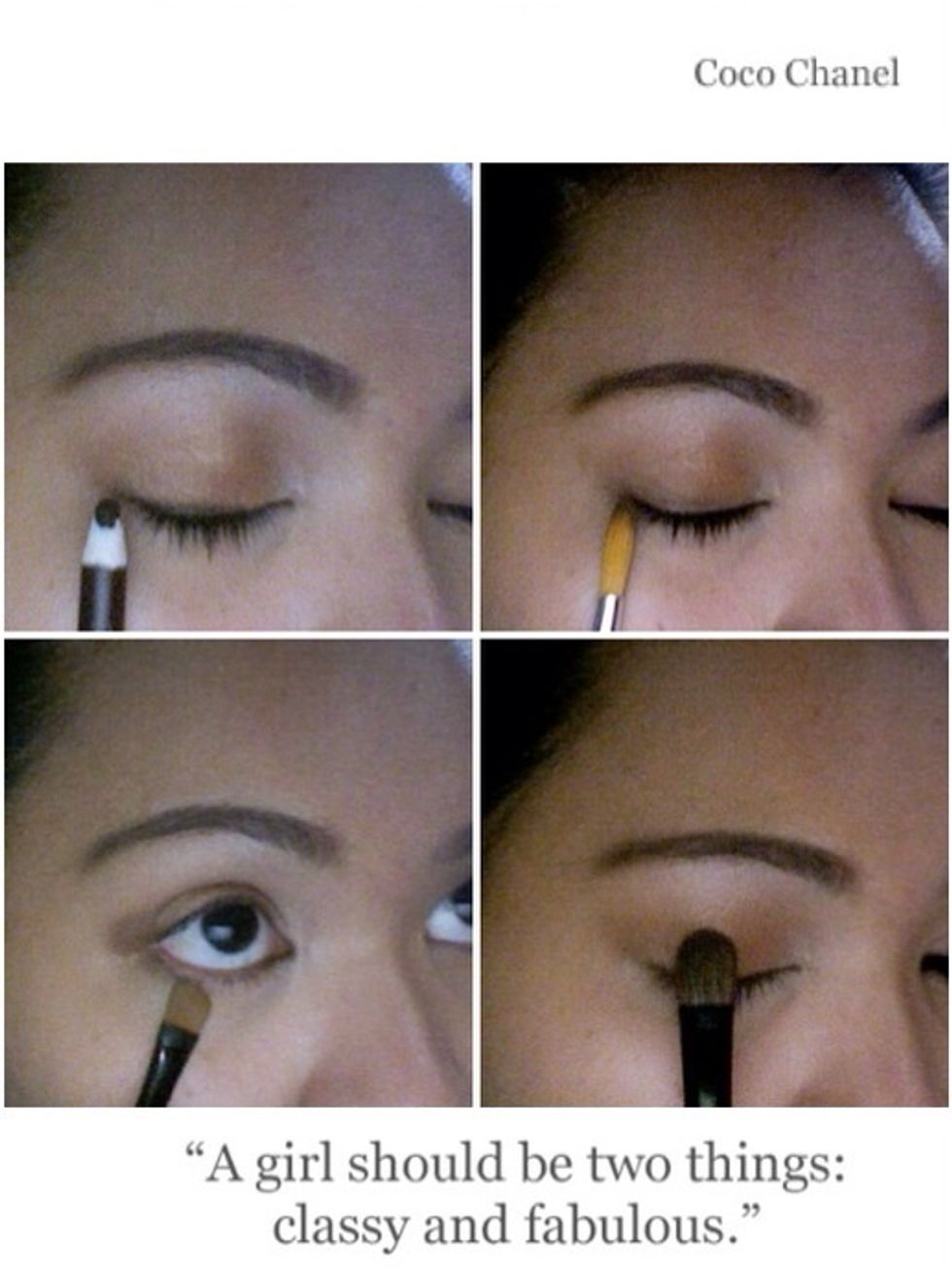 Line upper lash line w/brown liner and blend out. Mix the two shades of e/s used earlier and run it along the lower lash line, Blend that and pigments on your lid using a med. e/s brush.