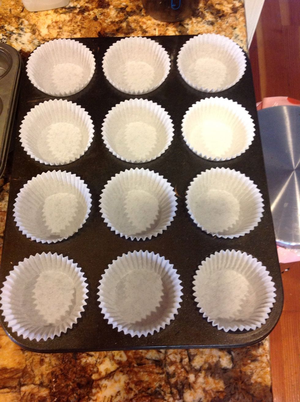 Line your muffin pans with cupcake liners, or spray with Pam. This recipe made 24 regular cupcakes, and 24 minis!
