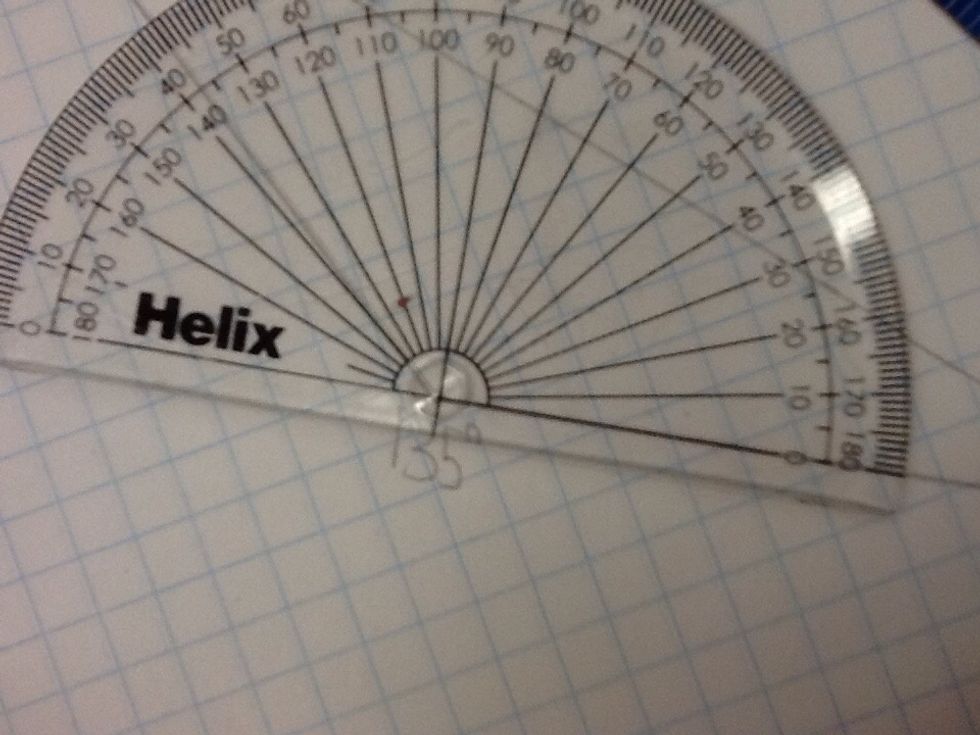 Link up the bottom of the protractor with your line see where the other lines degree is