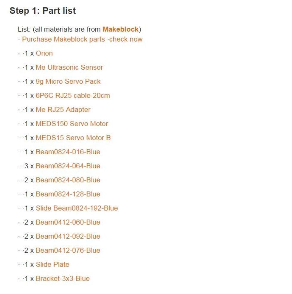 List: (all materials are from Makeblock) \u00b7 Purchase Makeblock parts \u00b7check now