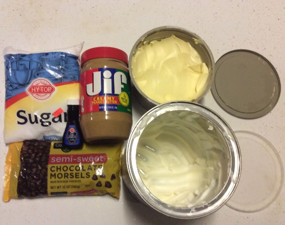 List Of Ingredients- Butter , Shortening, Semi Sweet Chocolate Chips, Vanilla Extract , Peanut butter, Confectioners Sugar (Powdered Sugar).