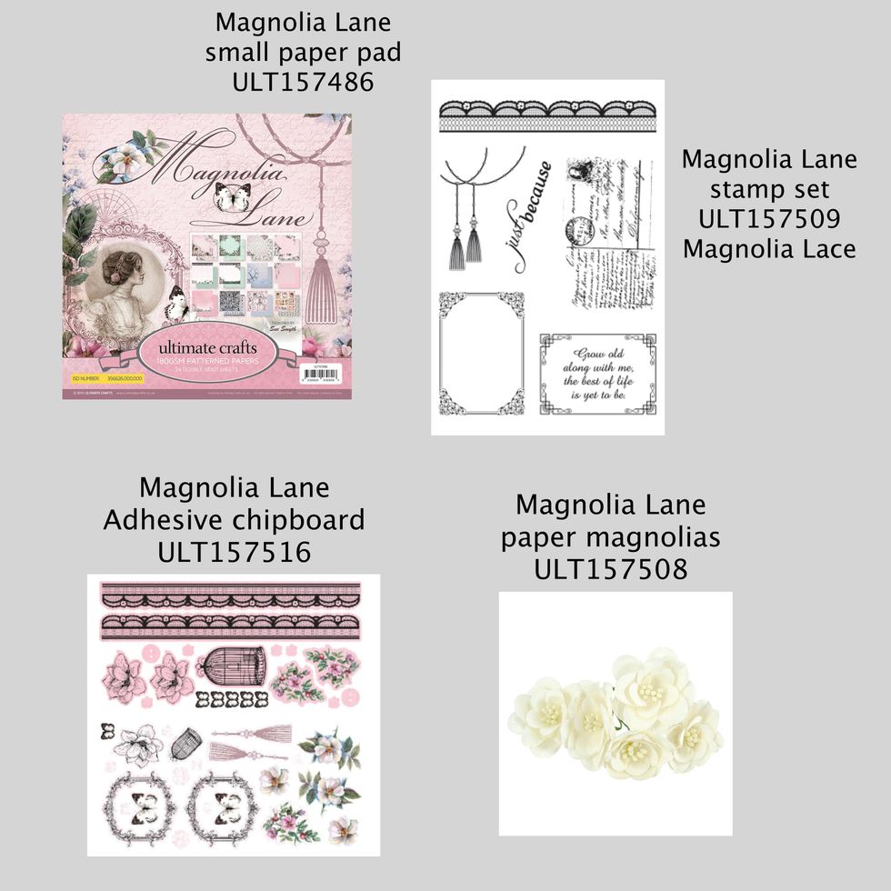 List of other materials required: Magnolia Lane Papers and embellishments - Ultimate Crafts - Couture Creations