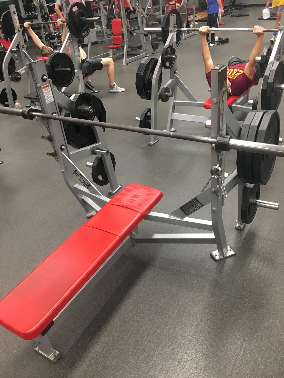 Locate a proper bench with all equipment including the bench, bar, weights, rack, and safety clips