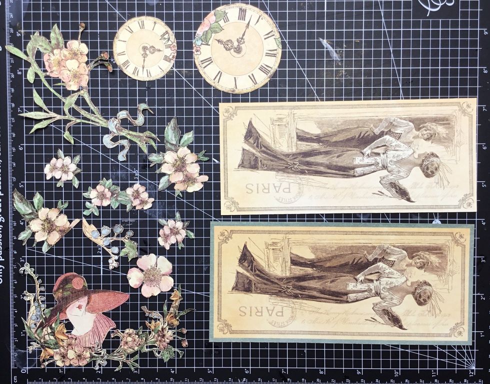 Locate and fussy cut images shown from A Ladies Diary patterned papers. The folded card size is 7" x 4 1/2" this was made from contrasting cardstock.