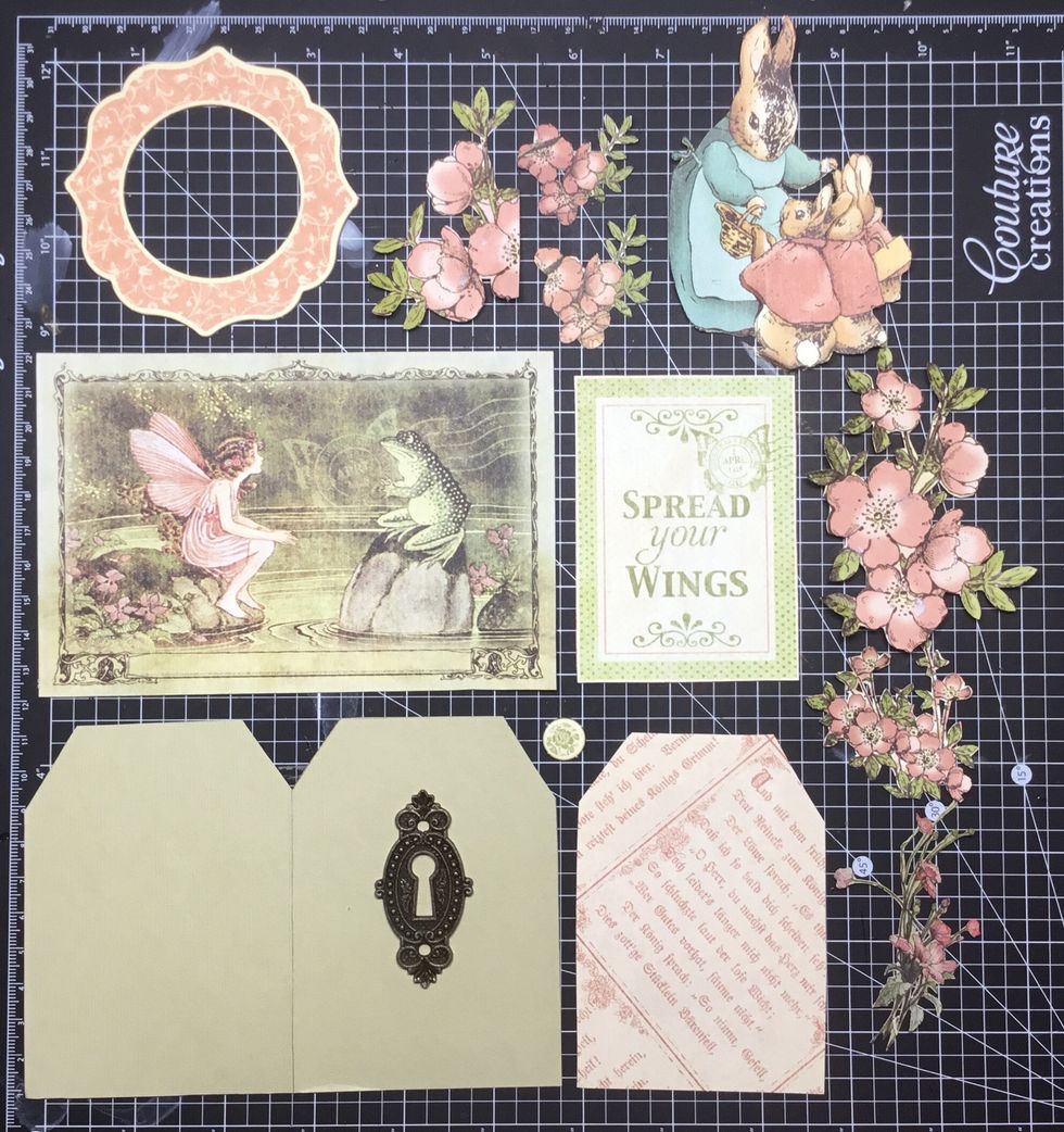 Locate and fussy cut the images from the Once Upon A Springtime pattern papers. I have created my own folded tag from co ordinating coloured card stock.