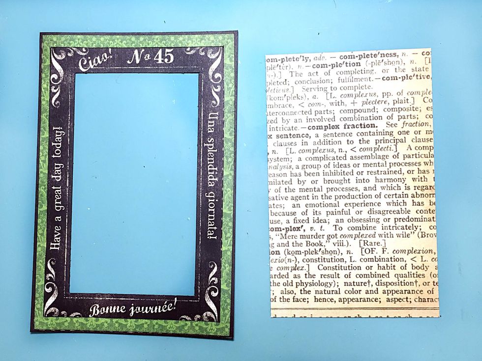 Locate cut-aparts with thin green frame & black frame as shown. Cut the centers out of both & then adhere the thin green over the black frame.