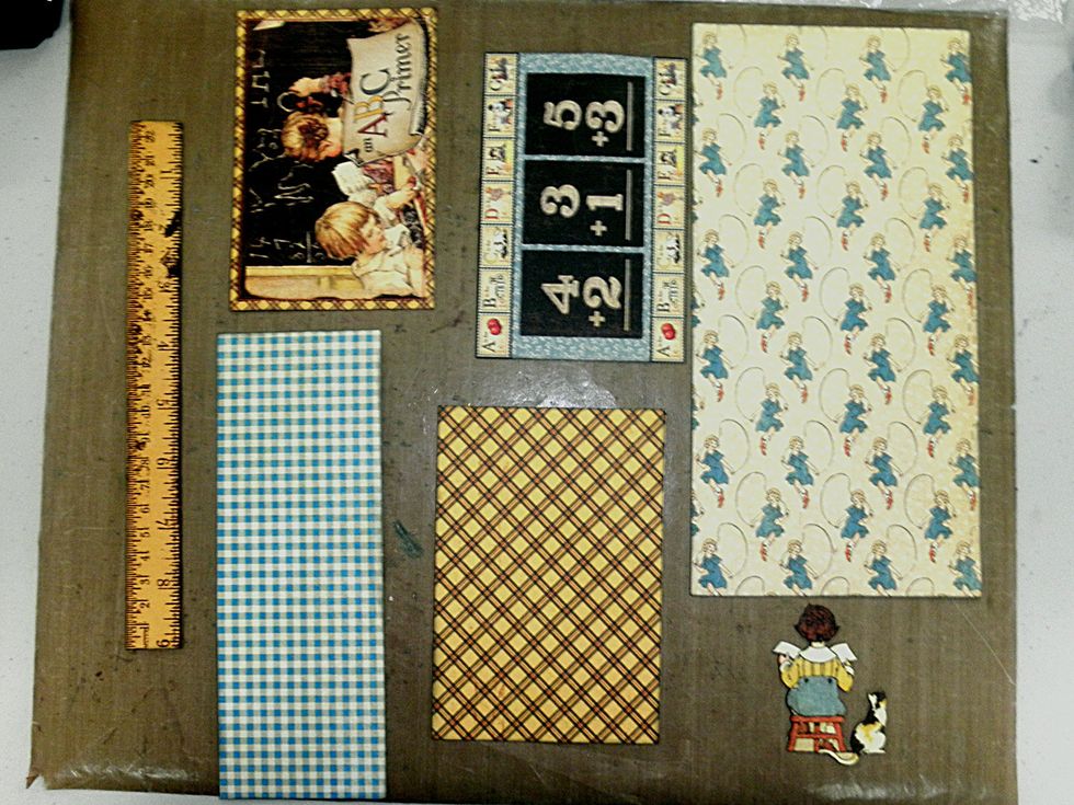 Locate the 2 cut-aparts shown on Calico Cut-apart paper. Cut rectangles: 5.25 x10.5" - Jumping Joan; 2.25x8.5" - Games &  Playtime; 4.125 x 6" - ABC Primer, cut the ruler from ABC Primer. Ink edges.