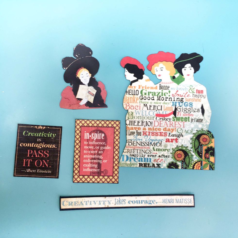 Locate the cut-aparts pictured on Typography & Dream & fussy cut. Mount the quote strip on black cardstock.