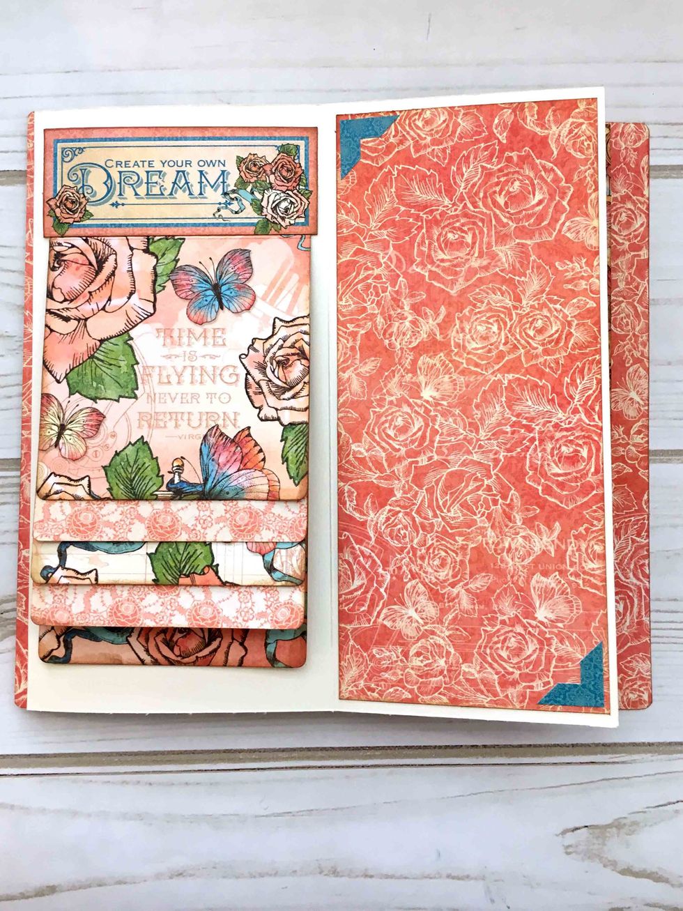 Locate the Dream tag shown & adhere @ the top. Cut a piece 3 3/8 x 7 5/8" from Futuristic Fantasy & glue to the far right ivory flap.  Add photo corners (sticker sheet) as shown. See photo @ step 25.