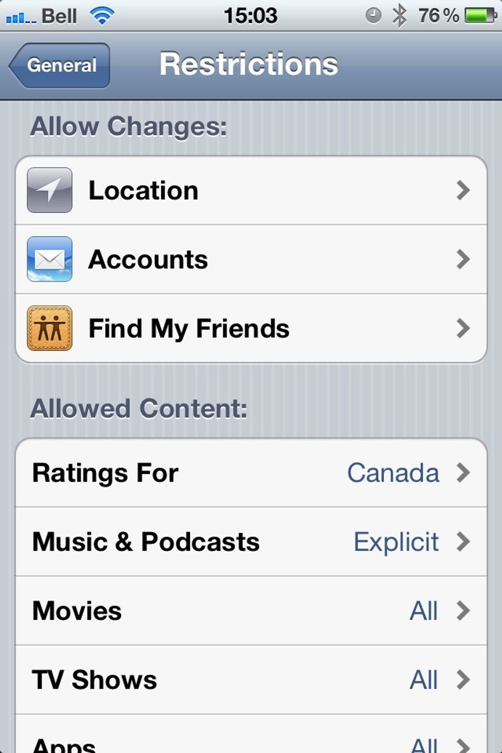 Location: GPS services used by Apps Accounts: Changing/Adding e-mail Find My Friends: more on this next