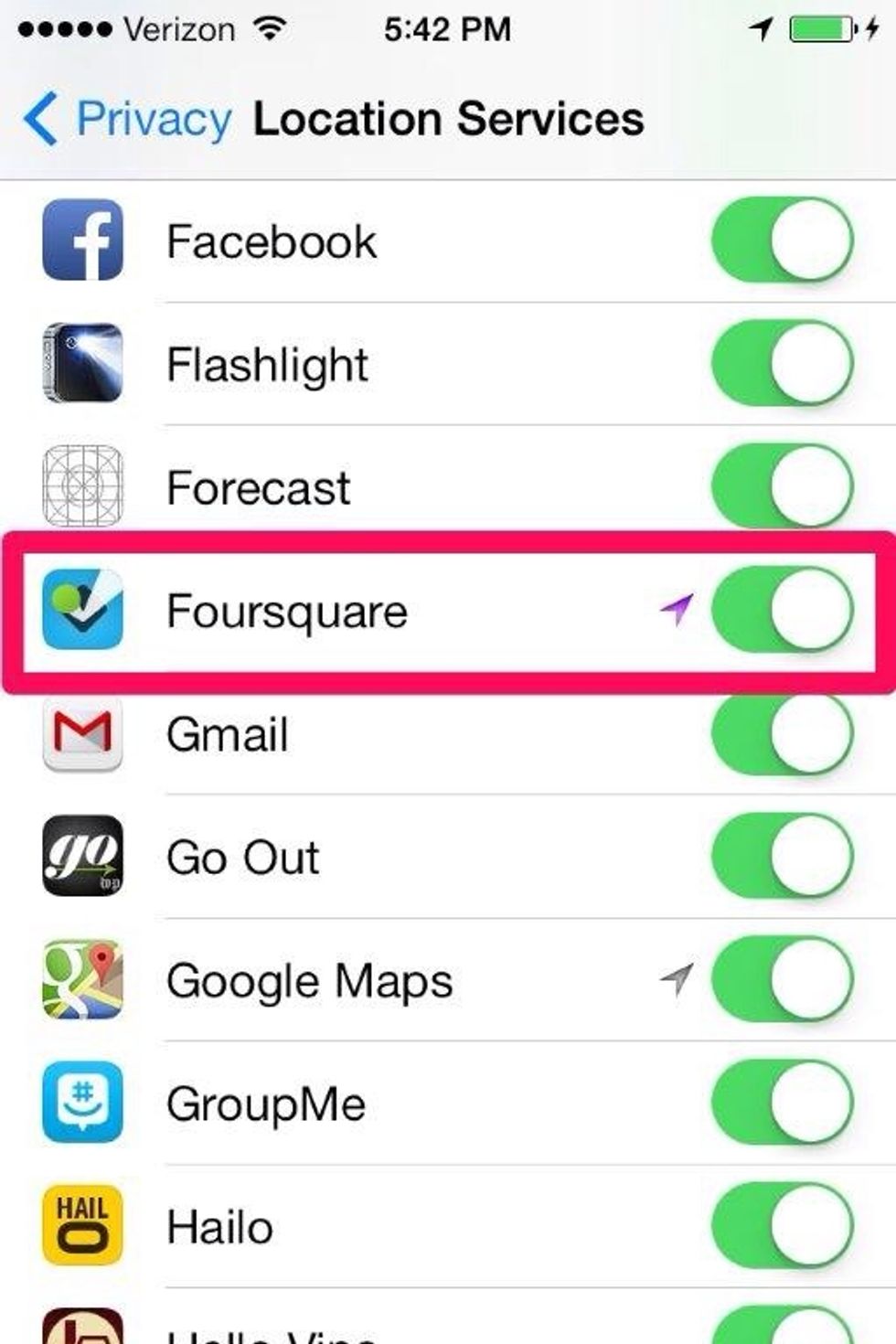 Location services enabling: then select location services at the top and find Foursquare.  To change, select the switch to green, this grants Foursquare permission to use your phone location.