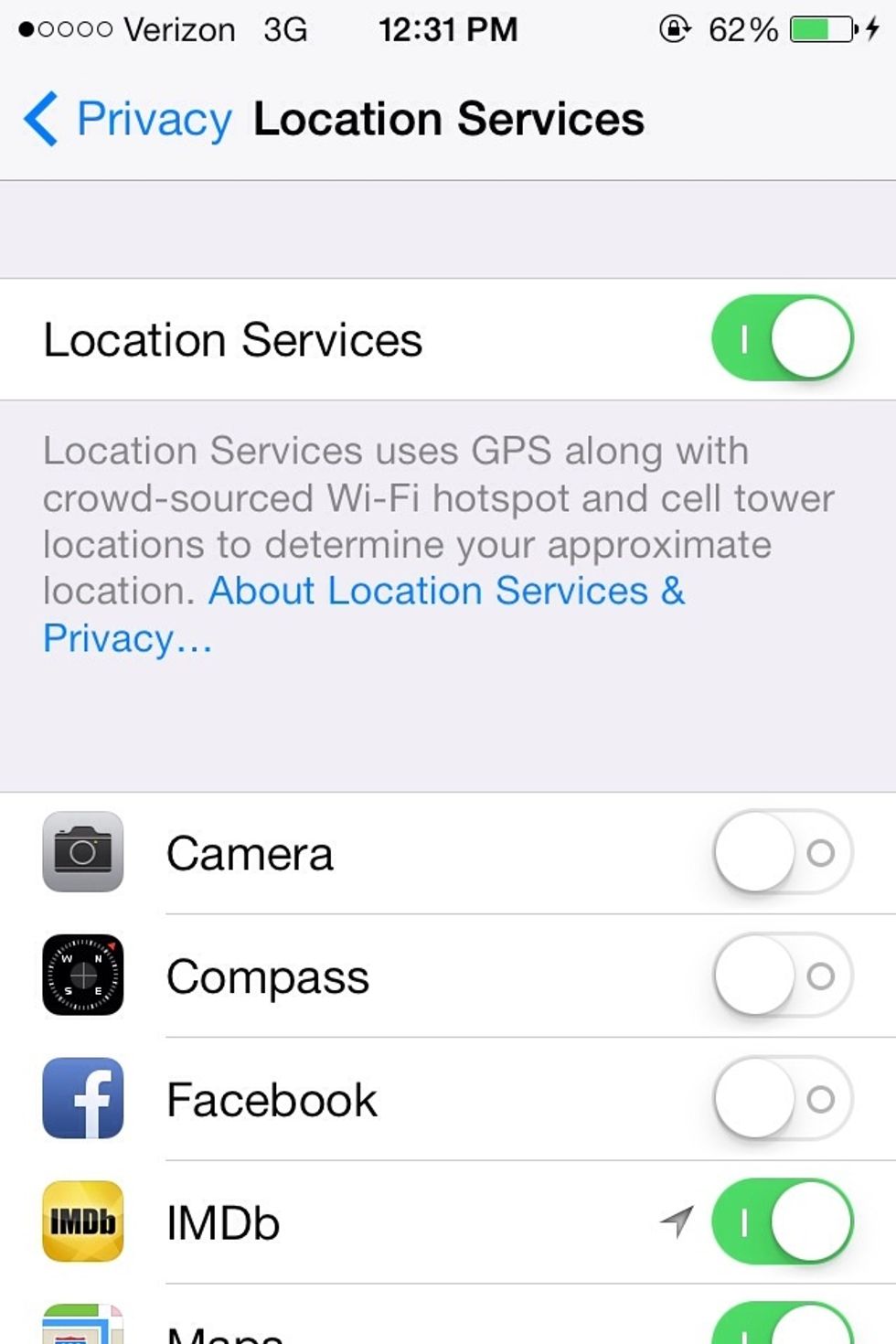 Location; This allows apps to approximate your position in the world. You can turn off Location altogether or turn it off for certain apps you don't need it for. Either way, it does save battery.