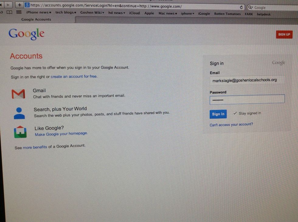 Log in to Google Docs. You can use the link from your staff home page, or just go to google.com and click Sign In at the top right.