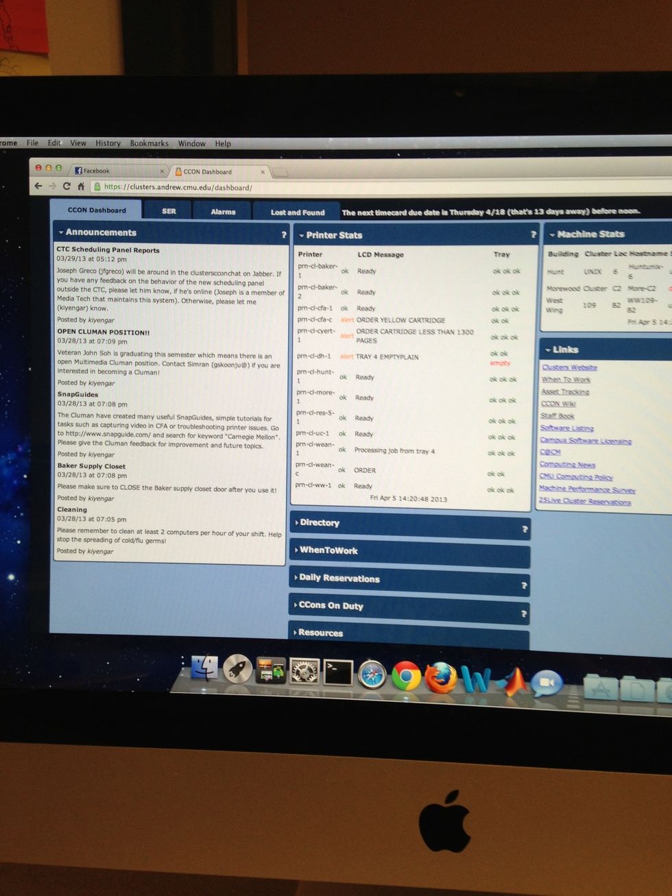 Log in to one of the office computers (both in CFA) and open up dashboard. Make sure you're up to date on announcements and machine/printer stats. In CFA, log into the lending database.