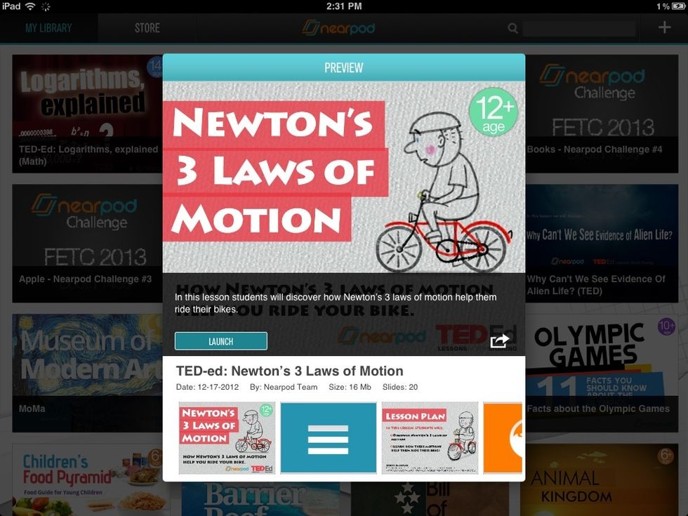 Log in to the Nearpod app. From your Library, you can tap on any NPP to preview its content. Apart from the brief description, you will see a little scrubber that shows all the content on that NPP.