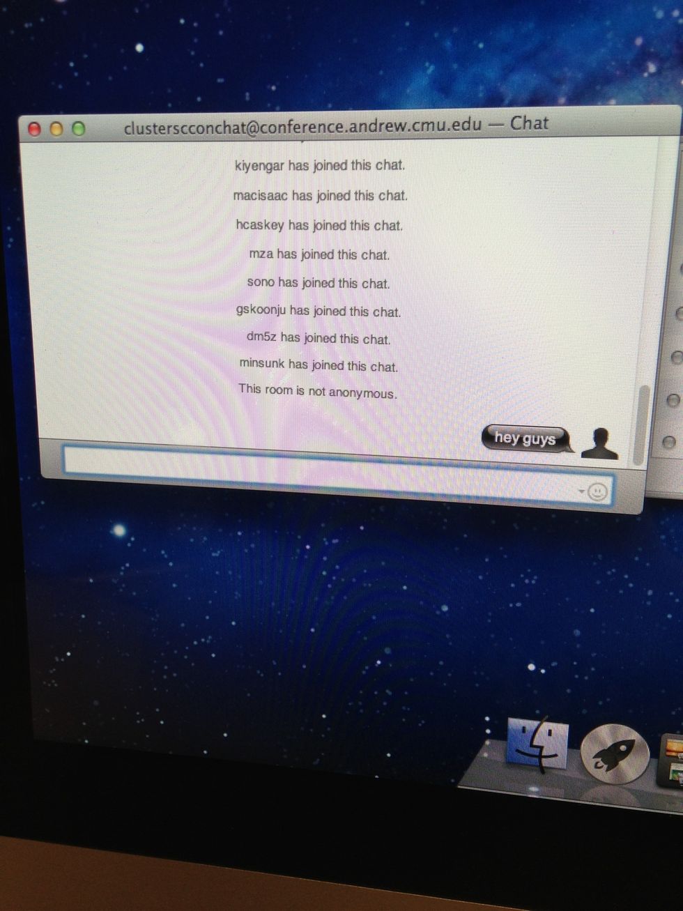 Log into Jabber and open clusterscconchat. Say hi and remember to be social and available throughout your shift. Remember to take advantage of other CCons as a reliable resource!