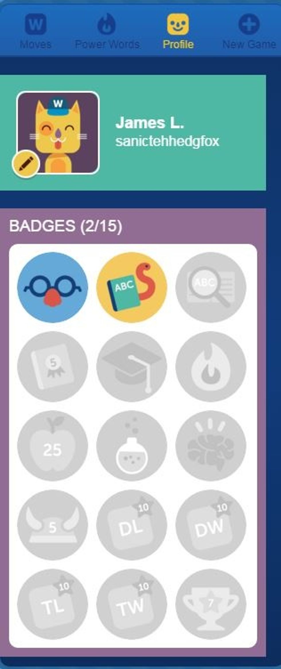 Log into Words With Friends EDU, and open up the "Profile" tab.