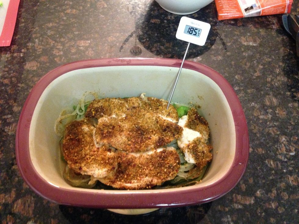 Look 10 minutes is up & time to check the chicken. With meat thermometer check done as of chicken. (165 degrees or higher is Done)