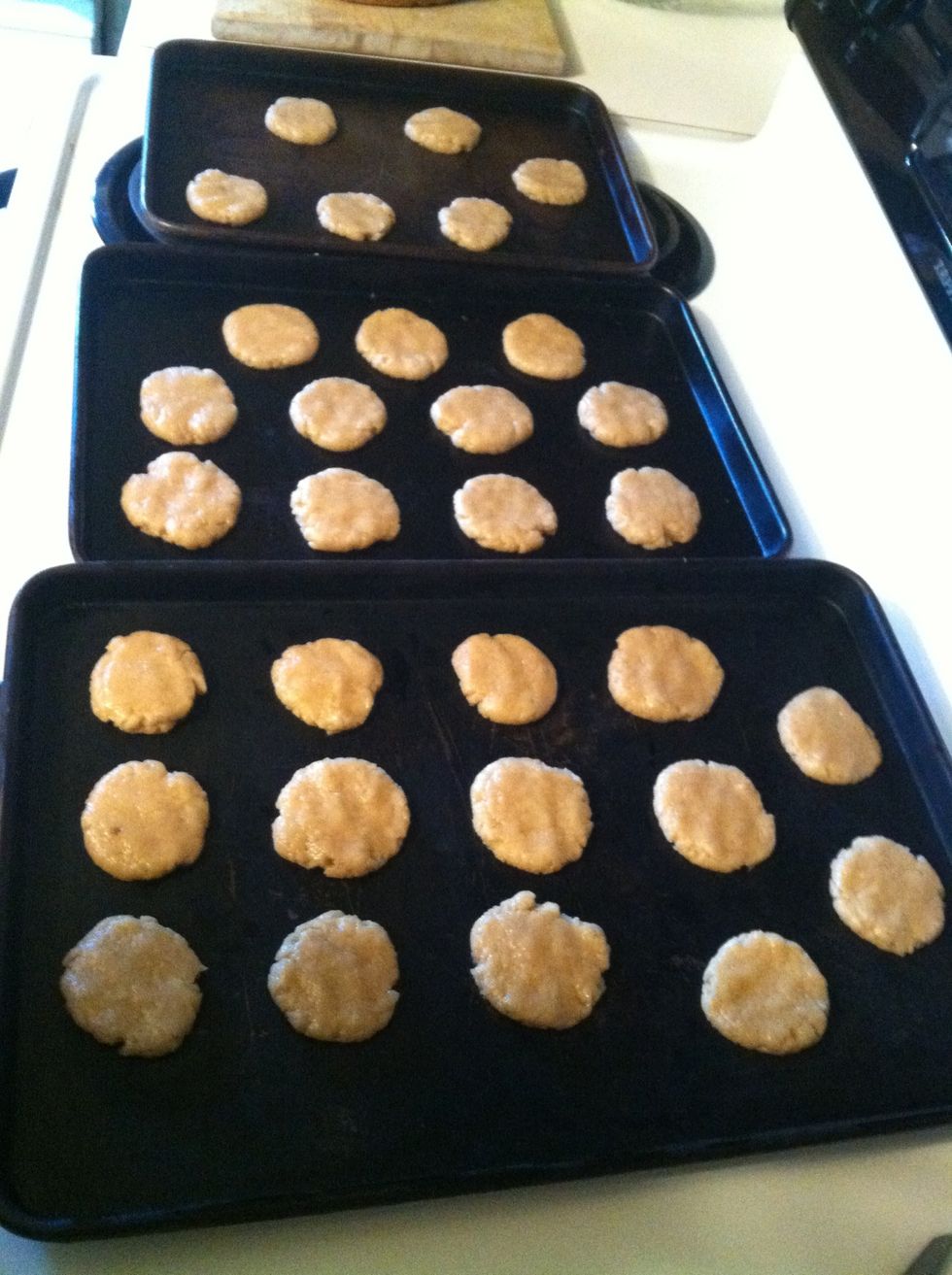 Look at all of these cookies! You will have to shape them into a flat round disk. There won't be any need to grease the cookie sheets. They should come right off after baking.